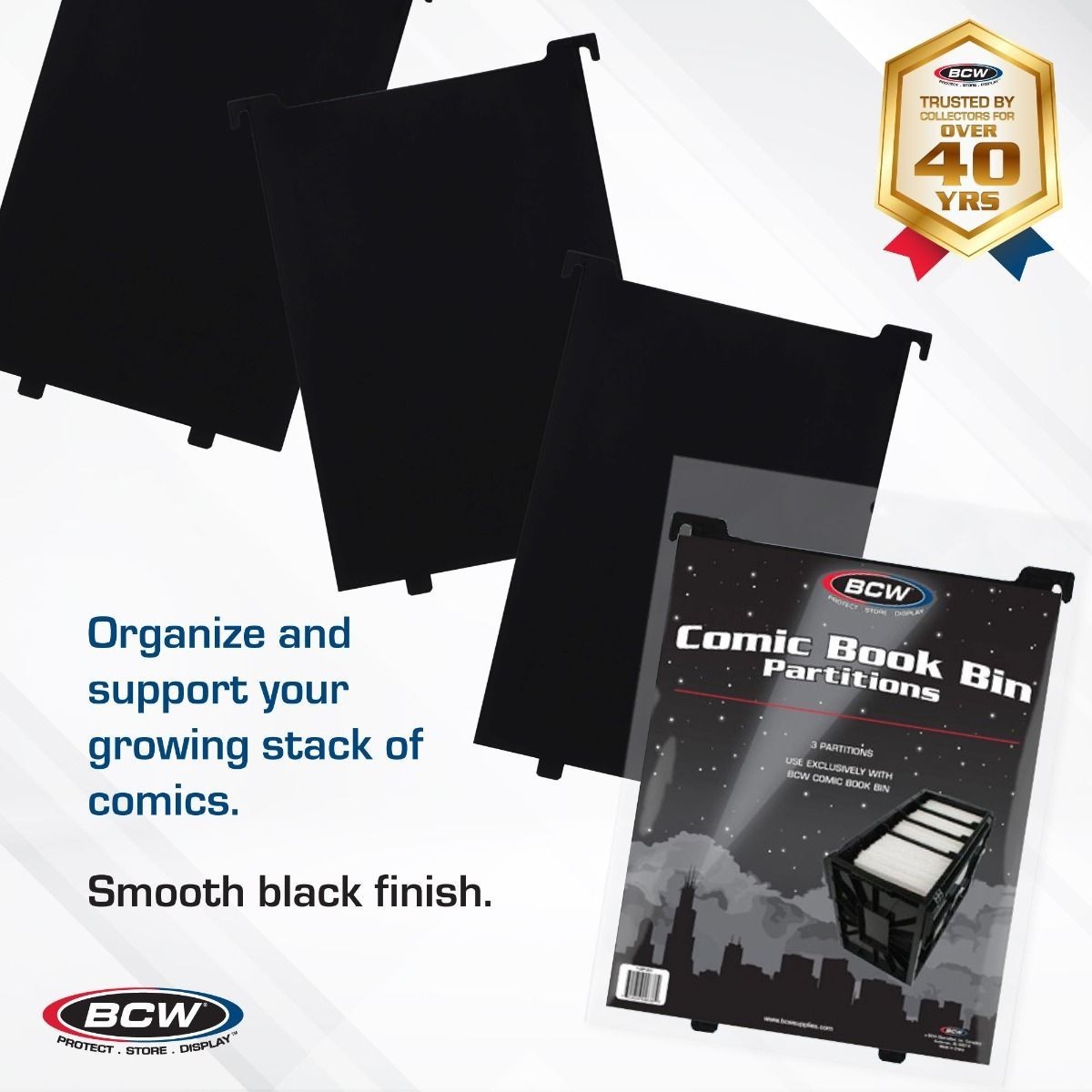 1 BCW Black Short Comic Book Bin Heavy Duty Acid Free Plastic Box +3 Partitions