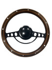 Classic 14" 9-Bolt Black Spoke Steering Wheel w/Mahogany Half-Wrap W/Horn Button