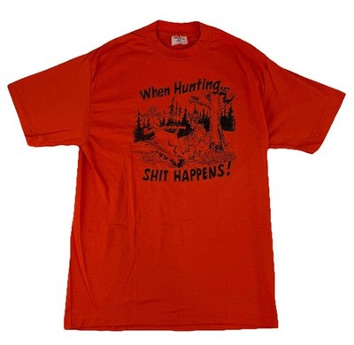 VTG Selec-T Sh*t Happens Hunting Shirt 80s Single Stitch Sz Large Orange Funny