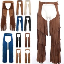 US Men's Halloween Western Chaps Pants Adjustable Buckles Cowboy Fringe Layered
