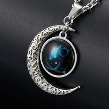 Men Women Crescent Moon Necklace Stainless Steel Luminous Zodiac Pendant Chain