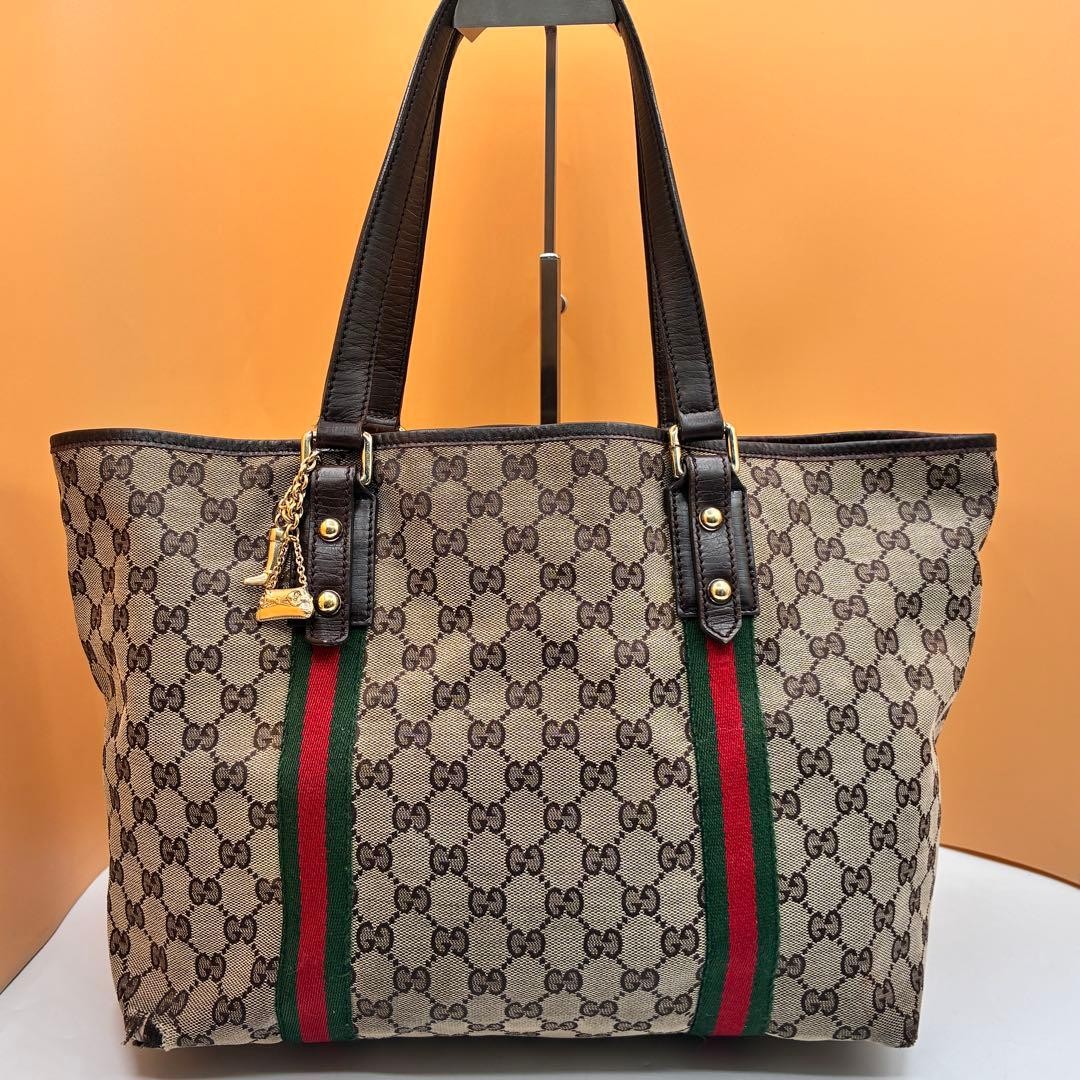 Gucci Leather Canvas Tote Bag Gg Canvas Sherry Line Brown Beige