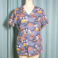 Disney Mickey Mouse Vampire Halloween Scrub Top Small Gray Mock Wrap Back Tie