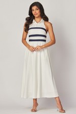 Ivory Striped Collared Halter Midi Dress Sleeveless Zipper Back Small
