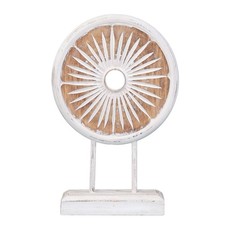 Skulptur Mandala Zeichen Figur Relief Deko Holz Münze Sockel Natur Weiß Mittel