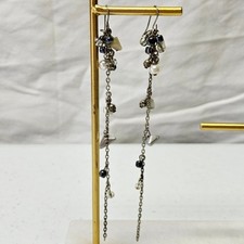 Beaded Long Chain Dangle Earrings Womens Silver Black Boho Drop