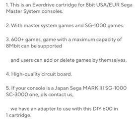 600 in 1 Master Game Cartridge for SEGA System SG-1000 Video Game USA EUR Gaming