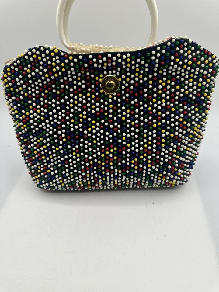 Bolso de mano de colección 1948 Caviar Beadette con cuentas luminosas multicolor con asas Lucite Foto 3 de 4
