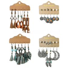 18 Pairs Womens Fashion Vintage Bohemian Stud Tassel Drop Dangle Earrings Set