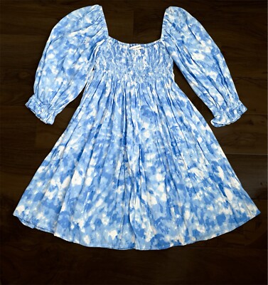Faithful the Brand Blue Mini Smocked Dress Babydoll Easter Festival Coachella 2