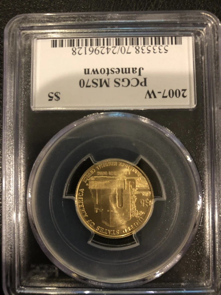 2007-W Jamestown Gold Coin PCGS MS 70 VERY RARE MERCANTI LABEL $5 - Image 2 of 2