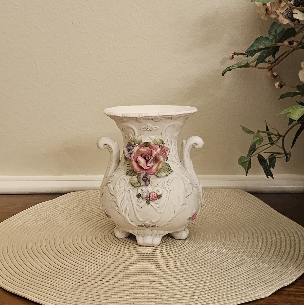 Vintage CapodimonteVases ColorfulDimensional Roses.Stamp on