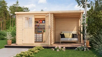 KARIBU Gartenhaus Holz 28mm mit Anbau Torremolinos Z naturbelassen 28mm 418 x 251 cm