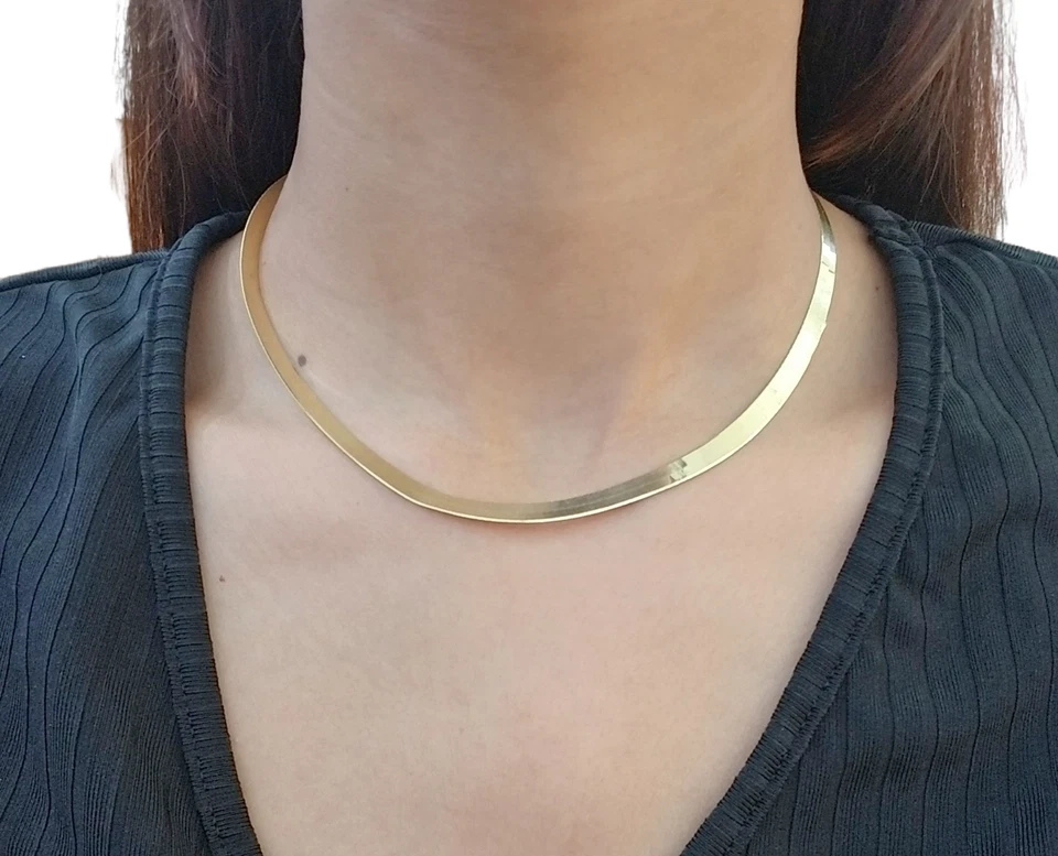 Collar de cadena de hueso de arenque de oro amarillo real de 10K 5 mm 16" bloqueo de langosta Foto 2 de 4