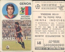 RARE FIGURINE FOOTBALLERS PANINI 1976/77 * GENOA, MATTEONI * N.91 * ORIGINAL VELINA