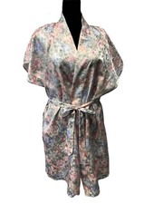 Vintage Pinx Satin Floral Short Sleeve Kimono Robe W/ Pockets Made In USA Large