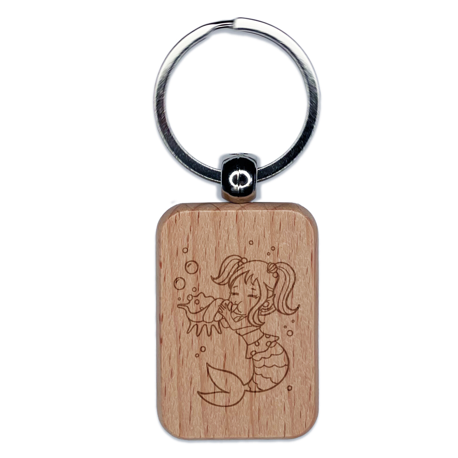 Musical Mermaid Playing Conch Shell Engraved Wood Rectangle Keychain Tag Charm
