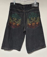 Vtg Bklyn Baggy Jean Shorts Embroidered Y2K Jnco Style Black Mens 34 Shorts ii25