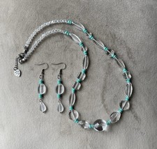 CLEAR CRYSTAL Turquoise Blue Glass Beads Necklace Earrings Set Stainless Steel