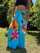 Hawaiian Design Turquoise Hand Painted Hibiscus Wraparound Pareo Sarong Skirt