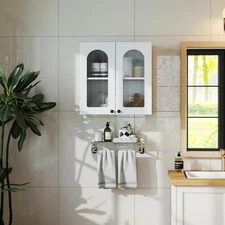 White Wall Cabinet w/ Glass Door - Floating Display Shelf for Kitchen Bathroom