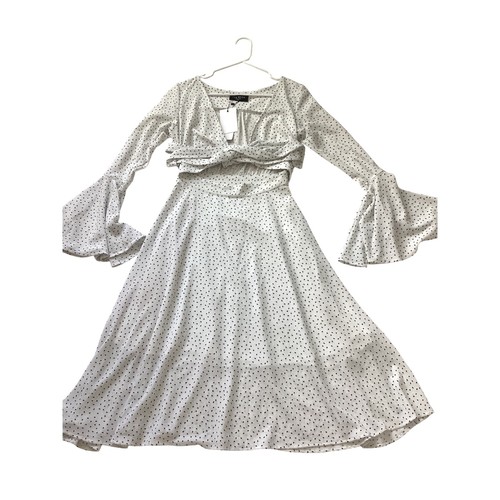 FEW MODA New York White Polka Dot Long Bell Sleeve Cutout Tie Front Dress - M - Picture 7 of 8
