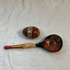 Vtg Russian Folk Art Wooden Khokhloma Spoon AND EGG HandPainted Old Lacquer Tech