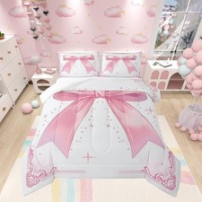 Pink Bow Comforter Set Full Size, Watercolor Bowknot Bedding Set for Kids Gir...