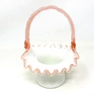 Fenton Rose Crest Ruffle Edged Basket Handle White Milk Glass Pink Vintage 7inch