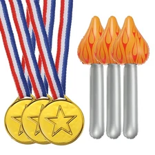 3Pcs 1.5" Plastic Gold Winner First Medals with Star & 3Pcs Inflatable Torch