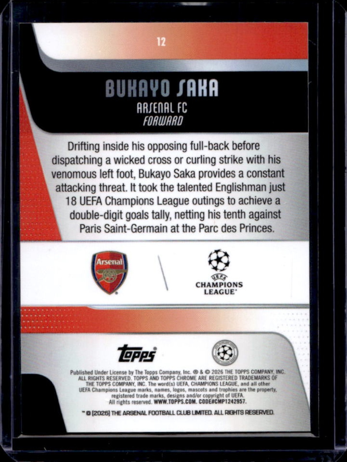 2025-26 Topps Chrome UEFA Sapphire Bukayo Saka Green Refractor #/99 Arsenal view 2