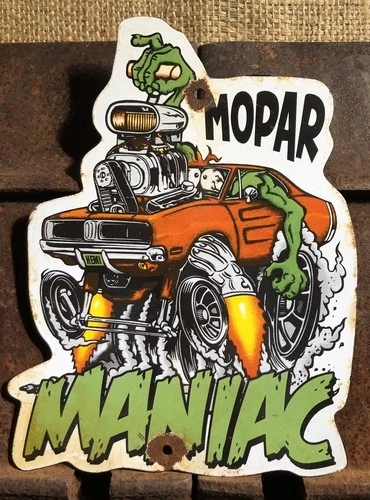 VINTAGE MOPAR MANIAC 10” PORCELAIN RAT FINK MUSCLE CAR GAS OIL SIGN