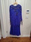 100% Silk Long Evening Gown Blue Dress w/ Sequin Bead Decor Shoulder Pads READ*