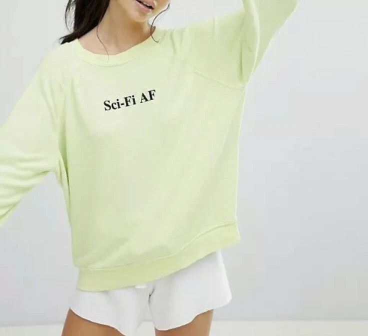 Suéter Pullover Wild Fox Amarillo Verde Manga Larga Ciencia Ficción AF Talla XS Raro Crew Foto 2 de 4