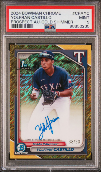 Yolfran Castillo 2024 Bowman Chrome 1st GOLD SHIMMER REFRACTOR AUTO /50 PSA 9