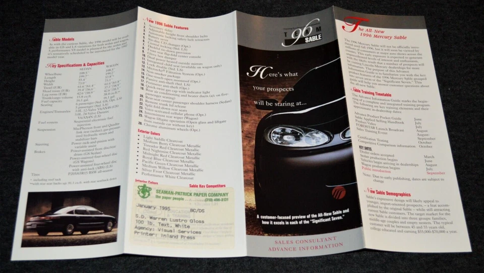 Folleto desplegable Ford Mercury Sable 1996 original sobre anuncio 96 Foto 4 de 4