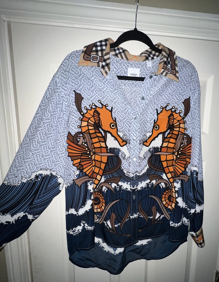 BURBERRY Seahorse monogram print silk blue womens long sleeve