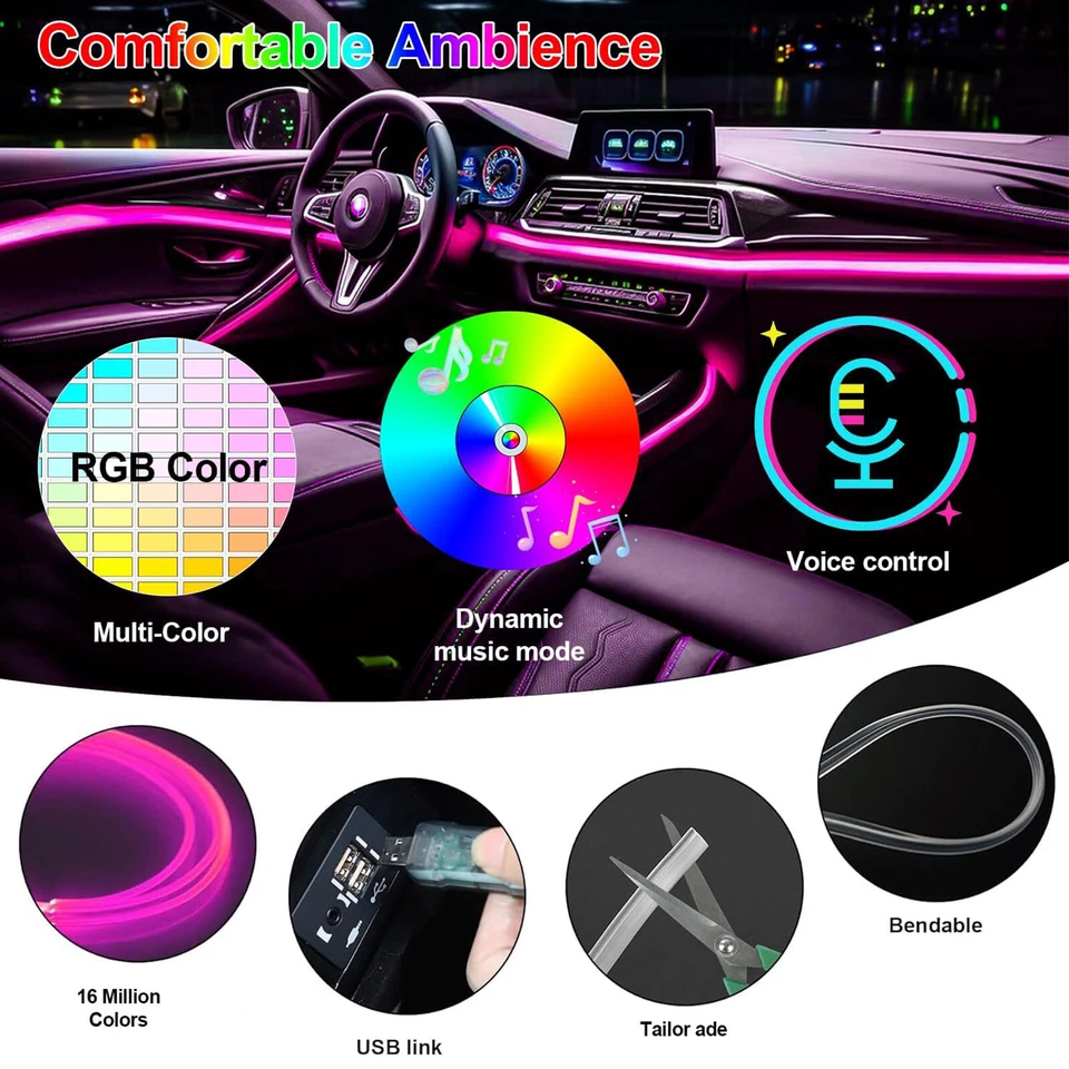 7M Car RGB Interior Ambient LED Strip Lights APP Music Control Atmosphere Lamp Foto 4 de 4
