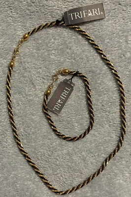 Trifari Gold Tone & Black Strand Braided Chain 7 1/2 Bracelet & 18  Neckless Set