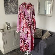 Pink Chain Print Collared Long Sleeve Buttoned Belted Midi Shirt Dress S 8-10