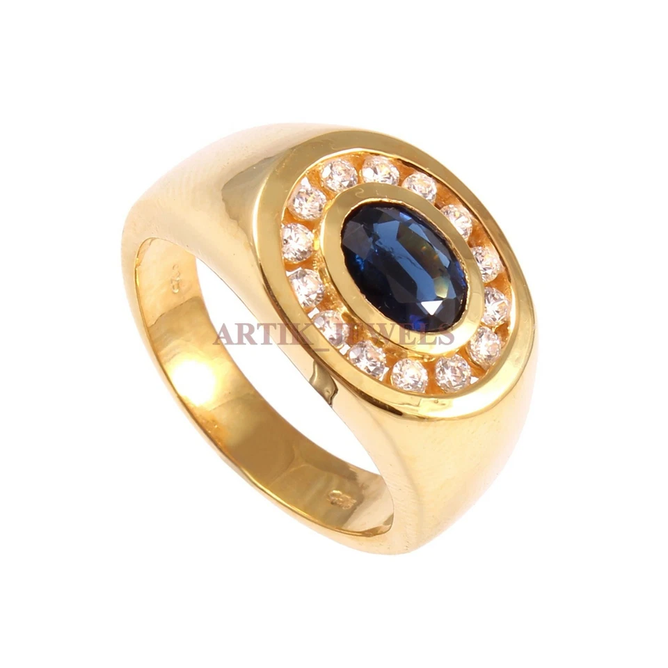 Anillo de plata de ley 925 chapado en oro con piedras preciosas de cianita azul natural para hombre #910 Foto 4 de 4