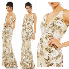 Mac Duggal NEW Floral Embellished V-neck & Back Gown Nude Multi 5476 $598 Sz 12