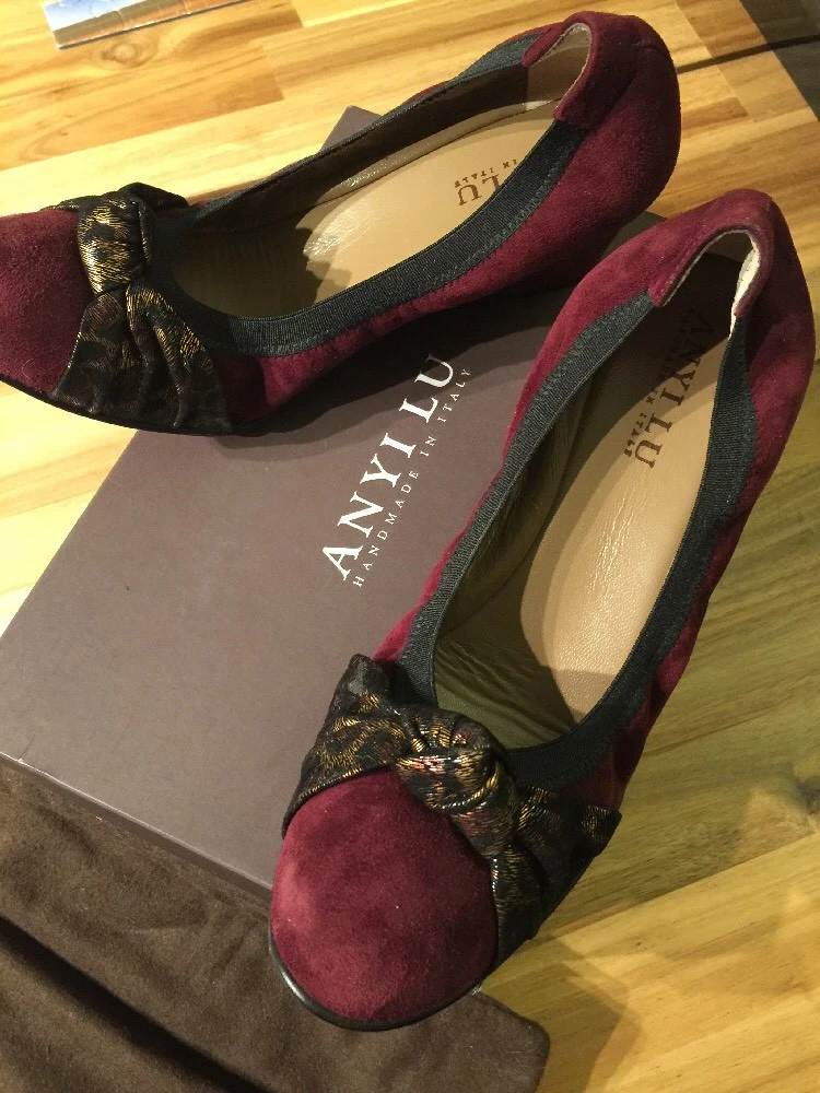 Anyi Lu Burgundy Suede Wedge God Leopard Bow Slip On Shoes Sz10