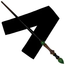 15" Hand Turned Emerald Tear Teak Wood Magic Wand Witch Wizard w/ Velvet Bag