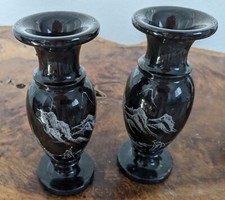 Black Marble Vases Etched Hawaiian Scenes Set Of 2 8"
