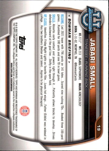 2022 Bowman University Chrome Jabari Small #19 Tennessee Volunteers 23C - Foto 2 di 2