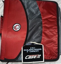 Case It 2 in 1, 1.5" Ring Zipper Binder, Handle, Strap For Daily Use red & black