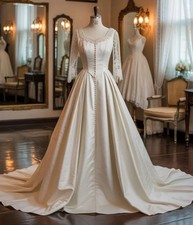 Princess Satin Wedding Dresses Long Sleeve Sweep Train Bridal Gown White Ivory