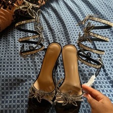 Women  s Black Heels With Silver Butterfly Details