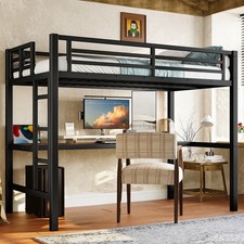Metal Twin Size Loft Bed Power Outlet LED Lighted, SpaceSavingNoise Reduced